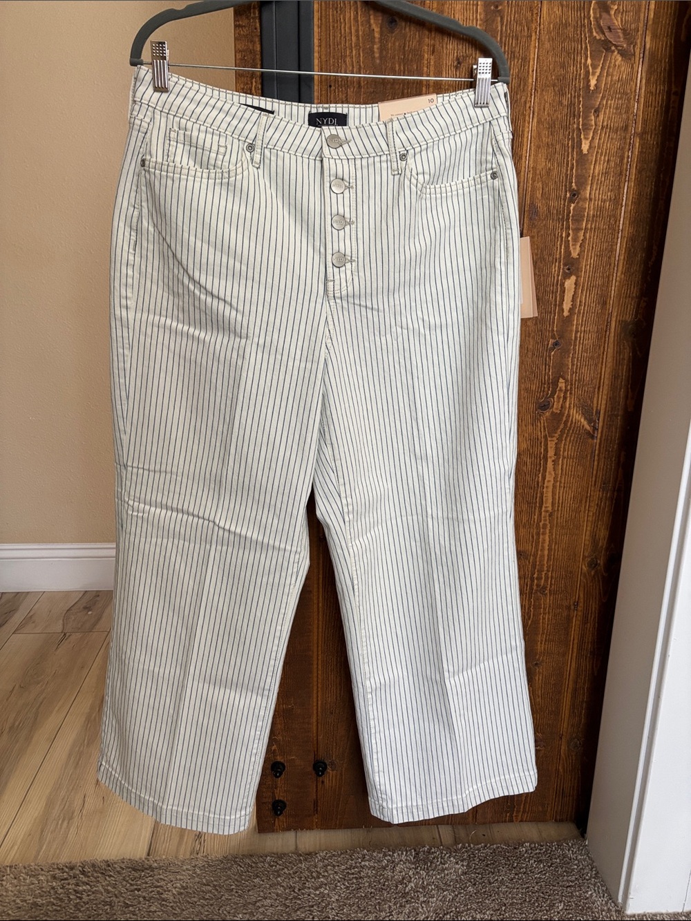 NYDJ Teresa Wide Leg White Pants with Navy Pinstripes